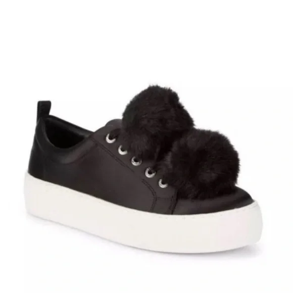 J/Slides NYC Alpha Satin Pom Poms Sneaker Black Lace Up Size 8.5 Platform - Picture 1 of 11